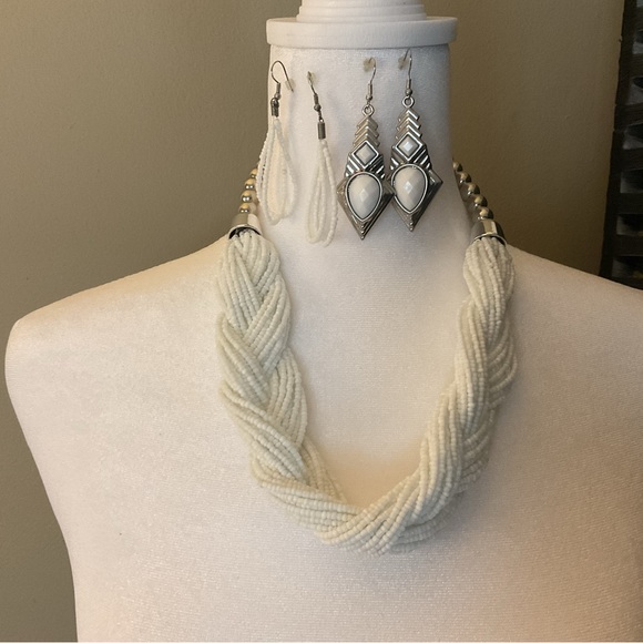 White Braided Necklace Twisted with 2 Pair of Matching Earrings - Picture 3 of 12